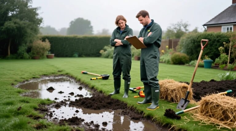 Forte pluie tombant lors du semis de pelouse fraîchement plantée