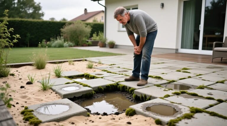 Terrasse en dalles posée sur un lit de sable, surface pavée