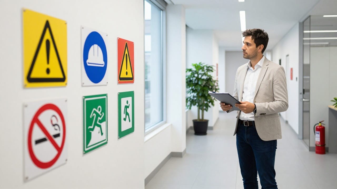 Pictogrammes de sécurité avec formes, couleurs et symboles variés