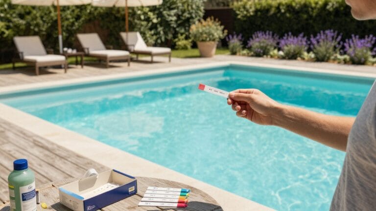 Bandelette piscine blanche indiquant un déséquilibre chimique ou sous-chloration
