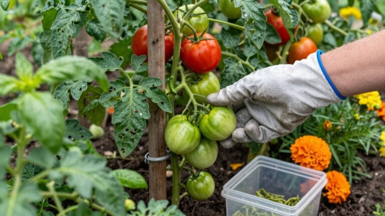 Chenille verte nuisible sur tomate, parasite naturel du potager