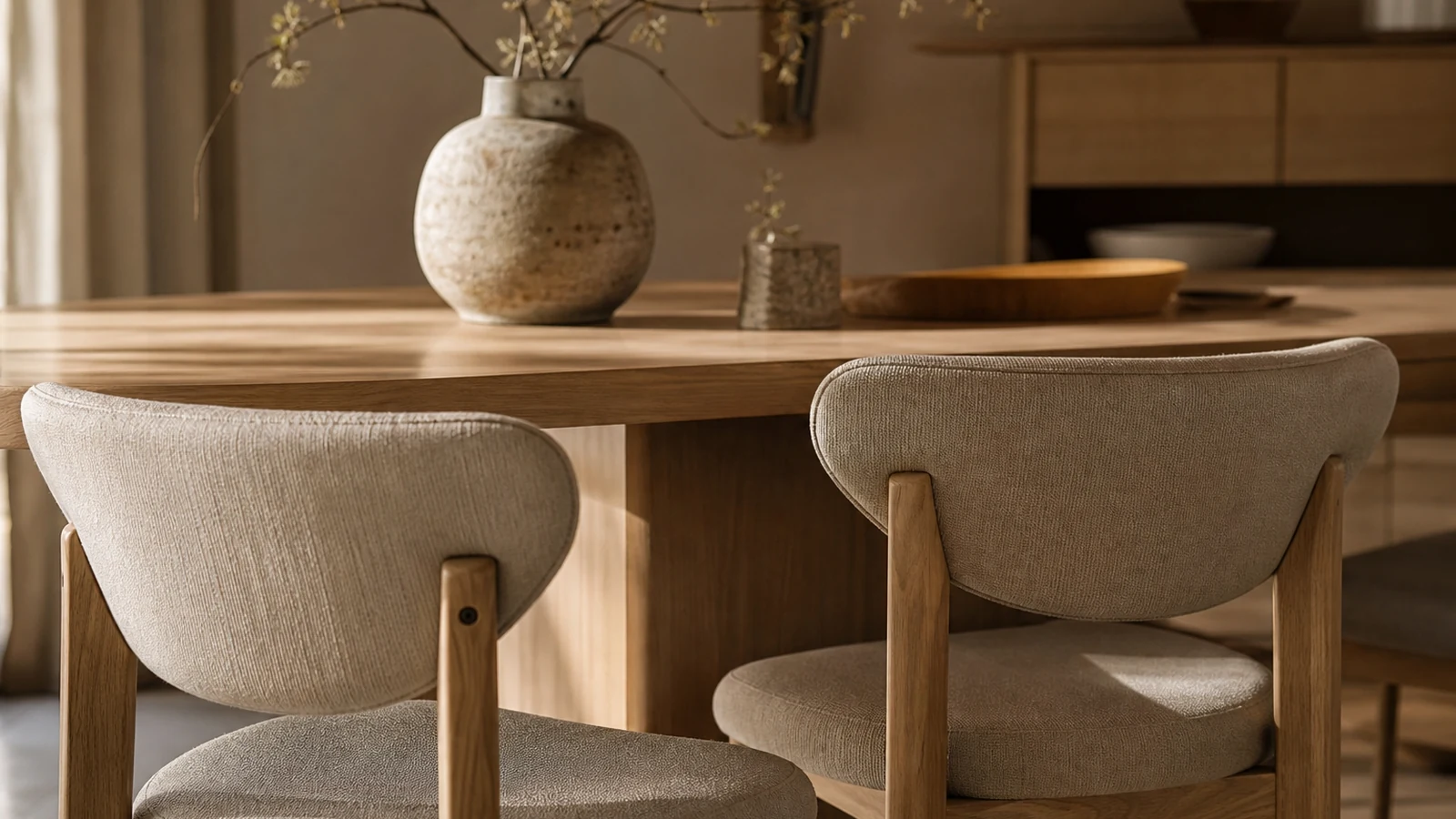 détail de chaises scandinaves en bois et tissu autour d’une table