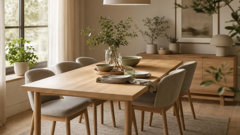 salle à manger chaleureuse avec chaises scandinaves en bois clair
