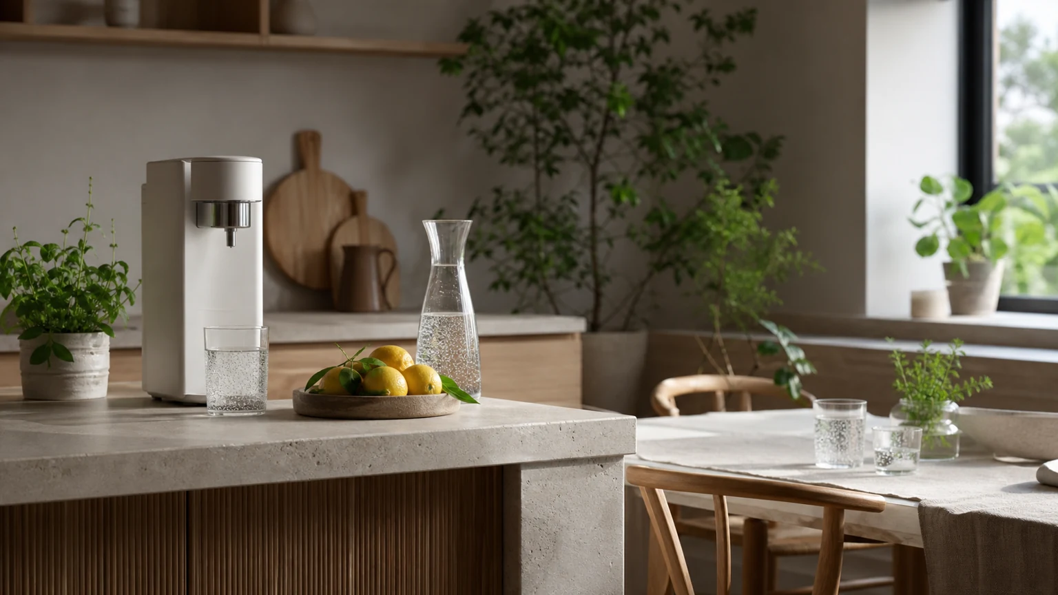 Îlot de cuisine avec eau gazeuse maison et matériaux naturels