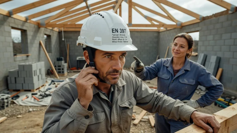 Casque de chantier EN397 : comment choisir le bon modèle ? illustré dans une scène éditoriale