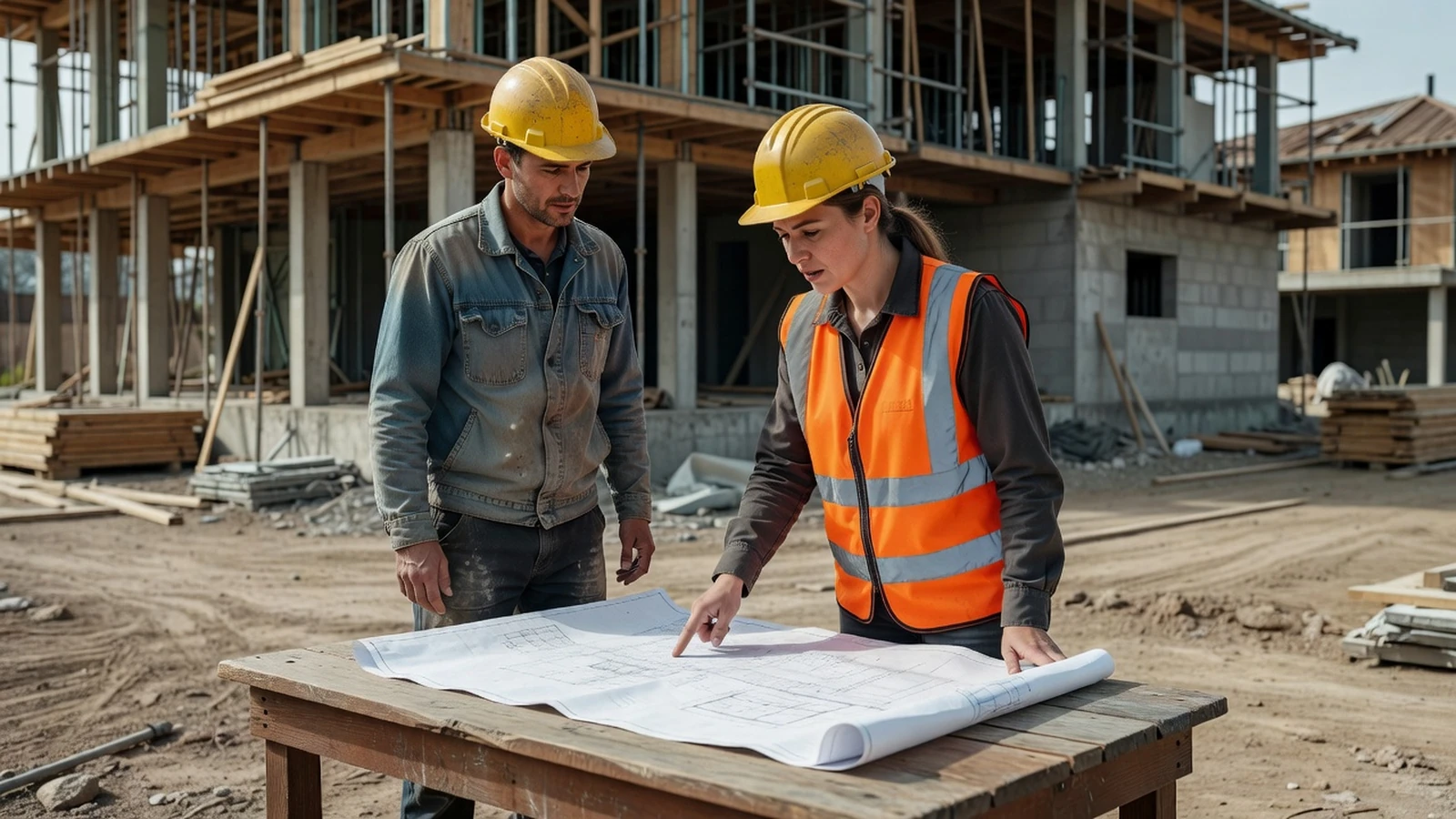 Une cheffe de chantier explique les plans à un ouvrier sur un chantier de rénovation.