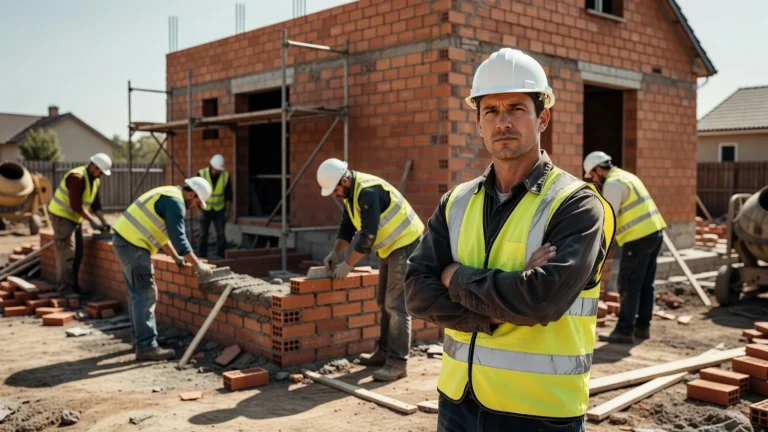 Un chef de chantier supervise activement les travaux sur un chantier de maison individuelle en plein jour.