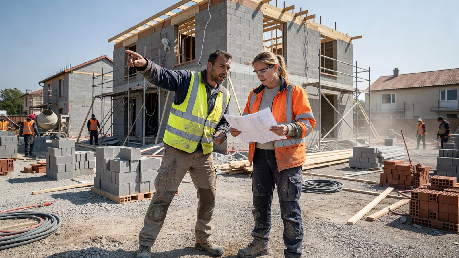 Deux artisans coordonnent l’avancement d’un chantier de maison en vérifiant les étapes sur place.