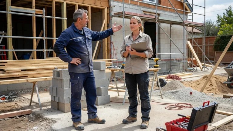 Un formateur montre à une artisane comment organiser les étapes d’un chantier de rénovation sur site.