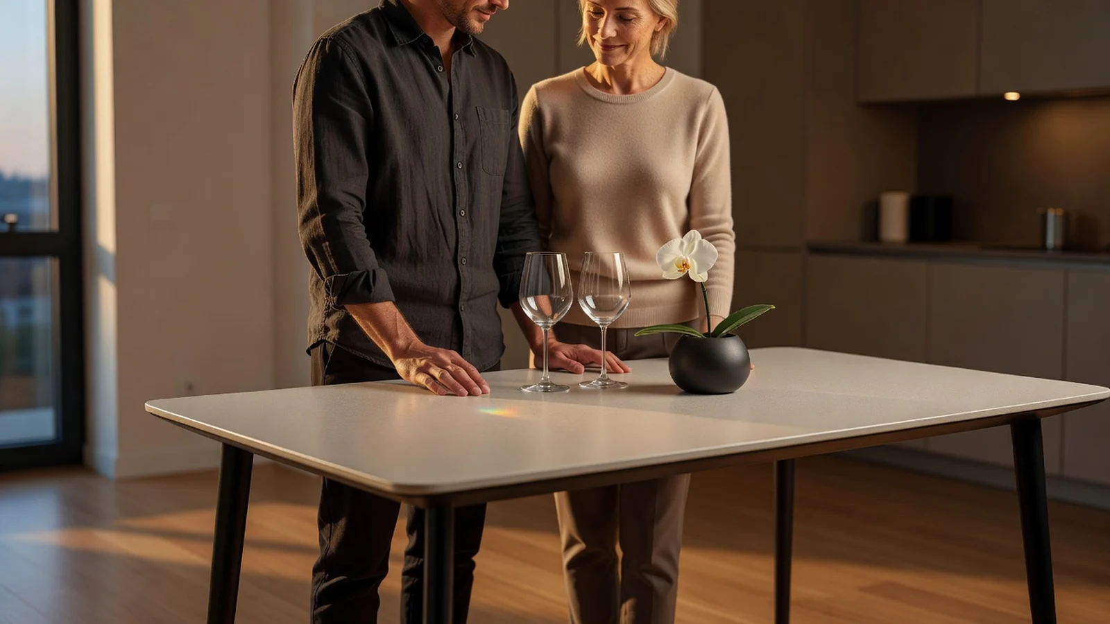 table de repas en céramique et piètement métal touchée par un couple