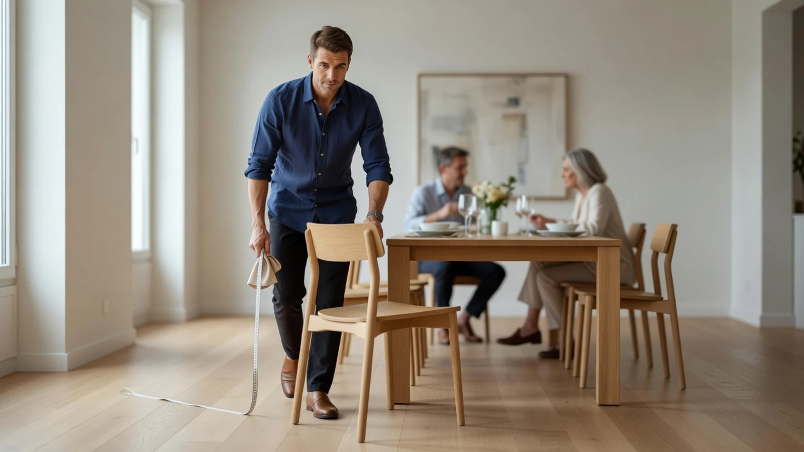 mesure au sol de l'emplacement d'une table de repas avec du scotch