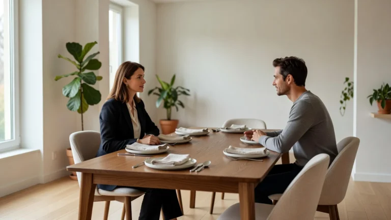 table de repas en bois dans un séjour lumineux avec deux adultes