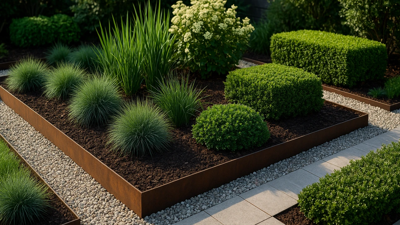 bordures en acier corten qui structurent un massif de jardin contemporain
