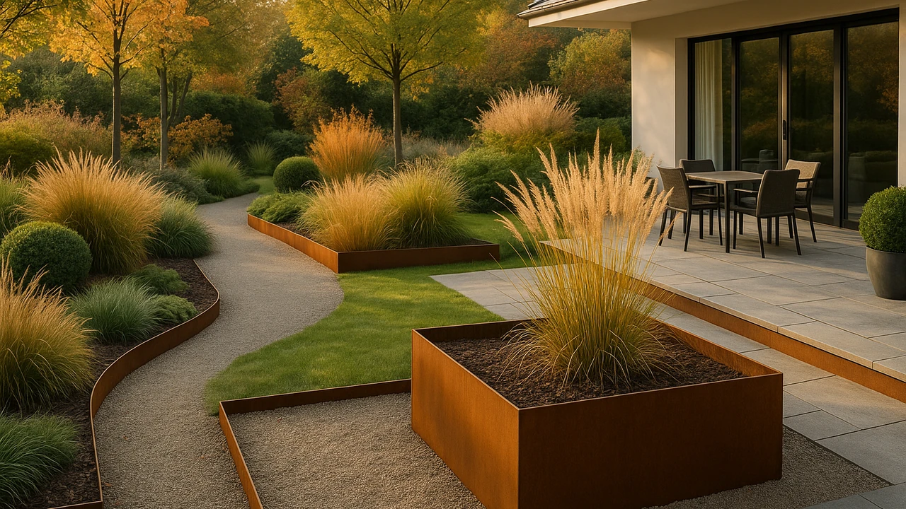 jardin élégant structuré avec des jardinières en acier corten avant l’automne