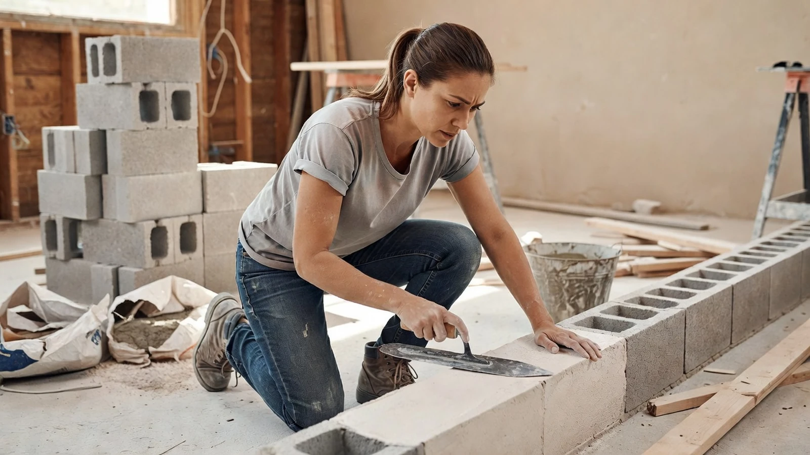 Ouvrière réalisant des finitions avec une truelle à main sur un chantier