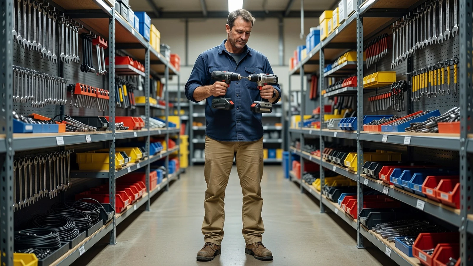 Artisan comparant deux perceuses professionnelles avant achat en magasin