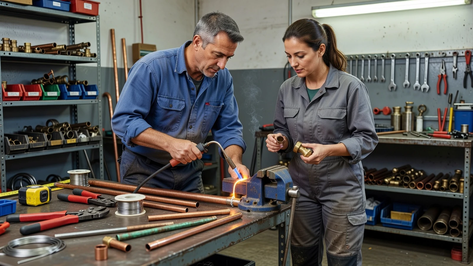 Deux adultes apprennent la soudure de tuyaux en cuivre pendant une session de formation CAP BTP.