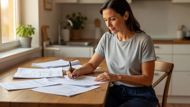 Une femme rassemble les documents de son permis avant de remplir la déclaration d'ouverture de chantier.
