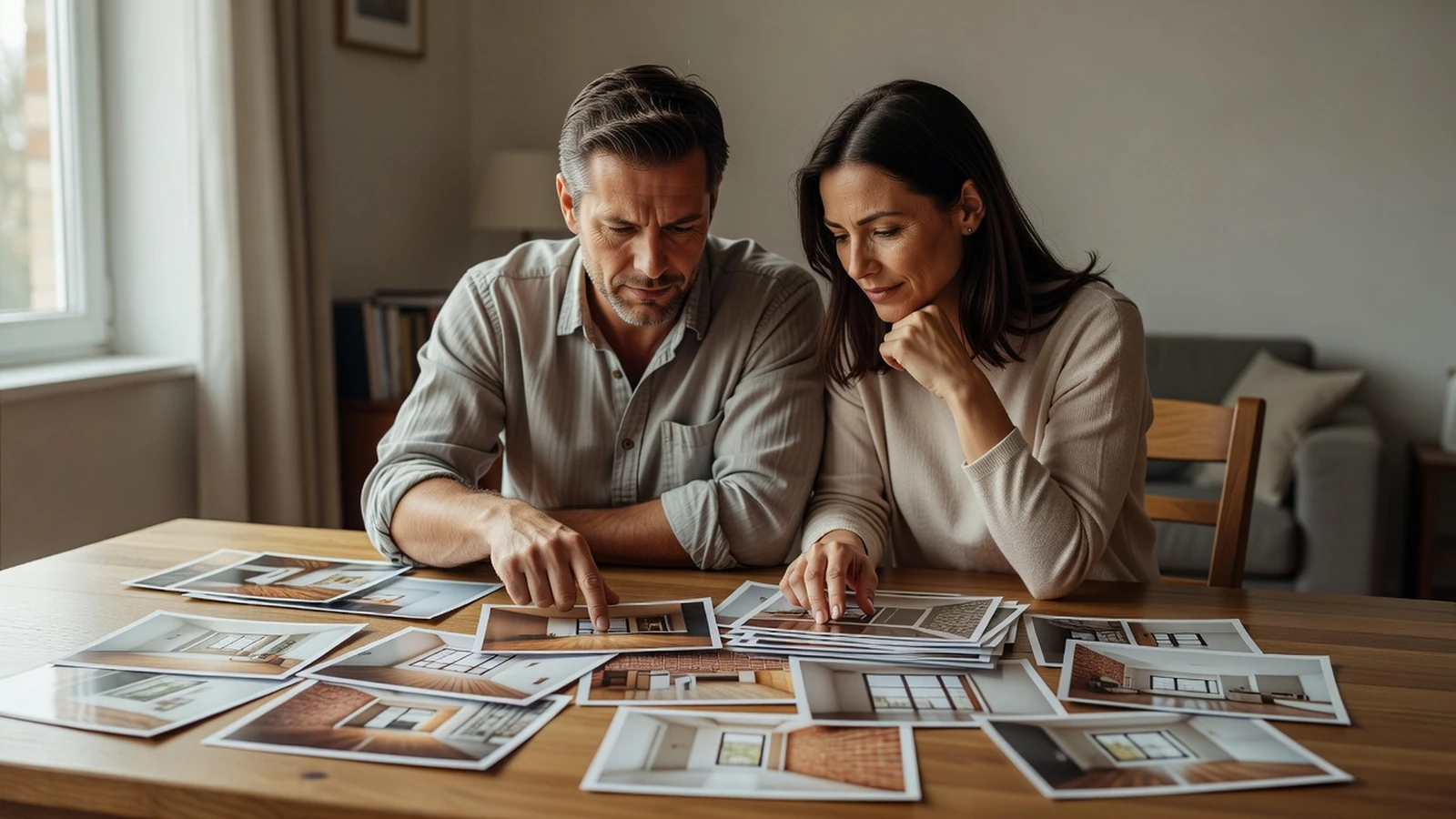 Un couple examine les photos du projet pour structurer les informations à transmettre aux prestataires.