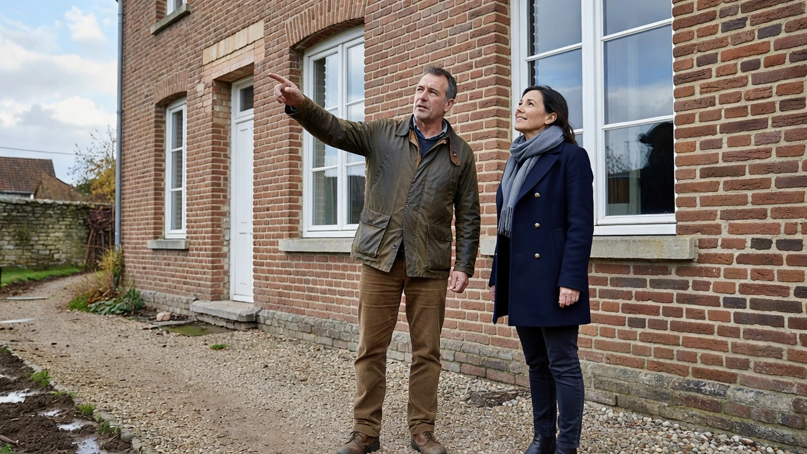 Un homme indique les zones de travaux sur la façade extérieure lors de la préparation de l'annonce.