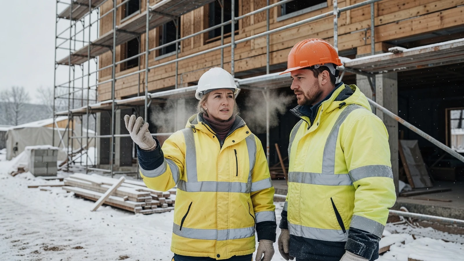 Une formatrice et un ouvrier échangent sur les risques spécifiques des chantiers en hiver.