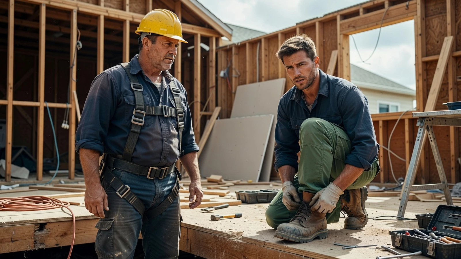 Deux professionnels du BTP vérifient ensemble le harnais et les chaussures de sécurité sur un chantier de rénovation.