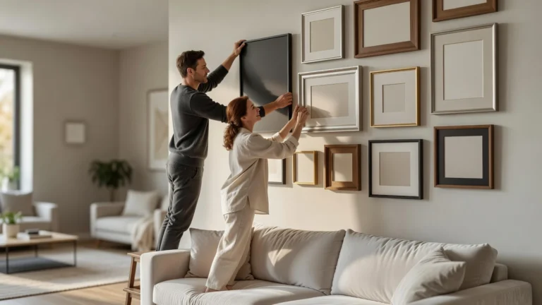 mur de cadres : un couple accroche des formats mixtes au-dessus d'un canapé