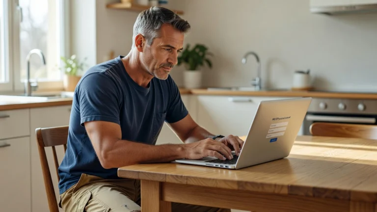 Un artisan consulte son espace personnel PRO BTP depuis la table de sa cuisine.