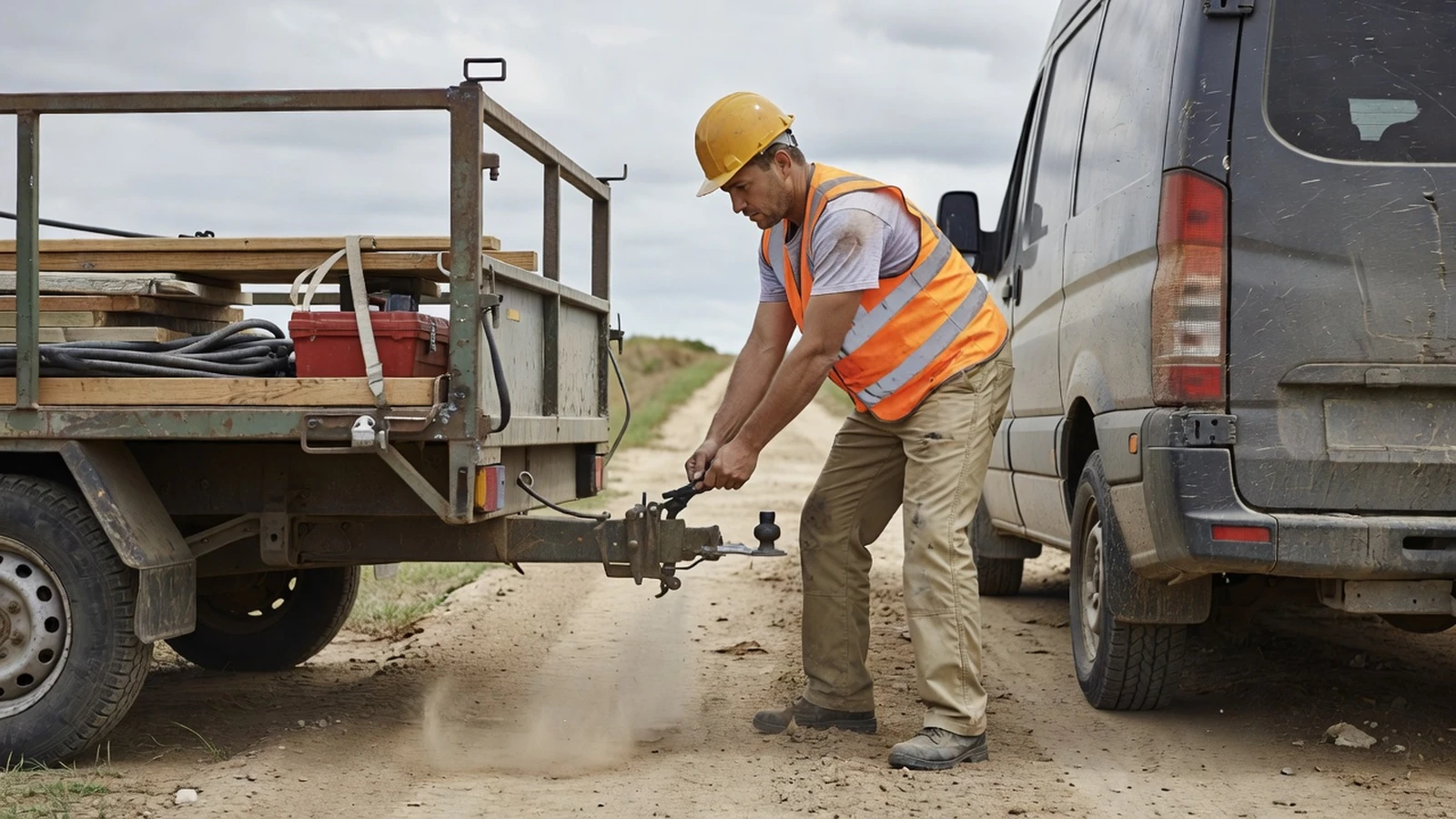Ouvrier attelant une roulotte de chantier avant son déplacement sur site.