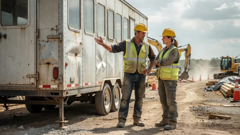 Deux professionnels comparant les caractéristiques d'une roulotte sur un chantier.