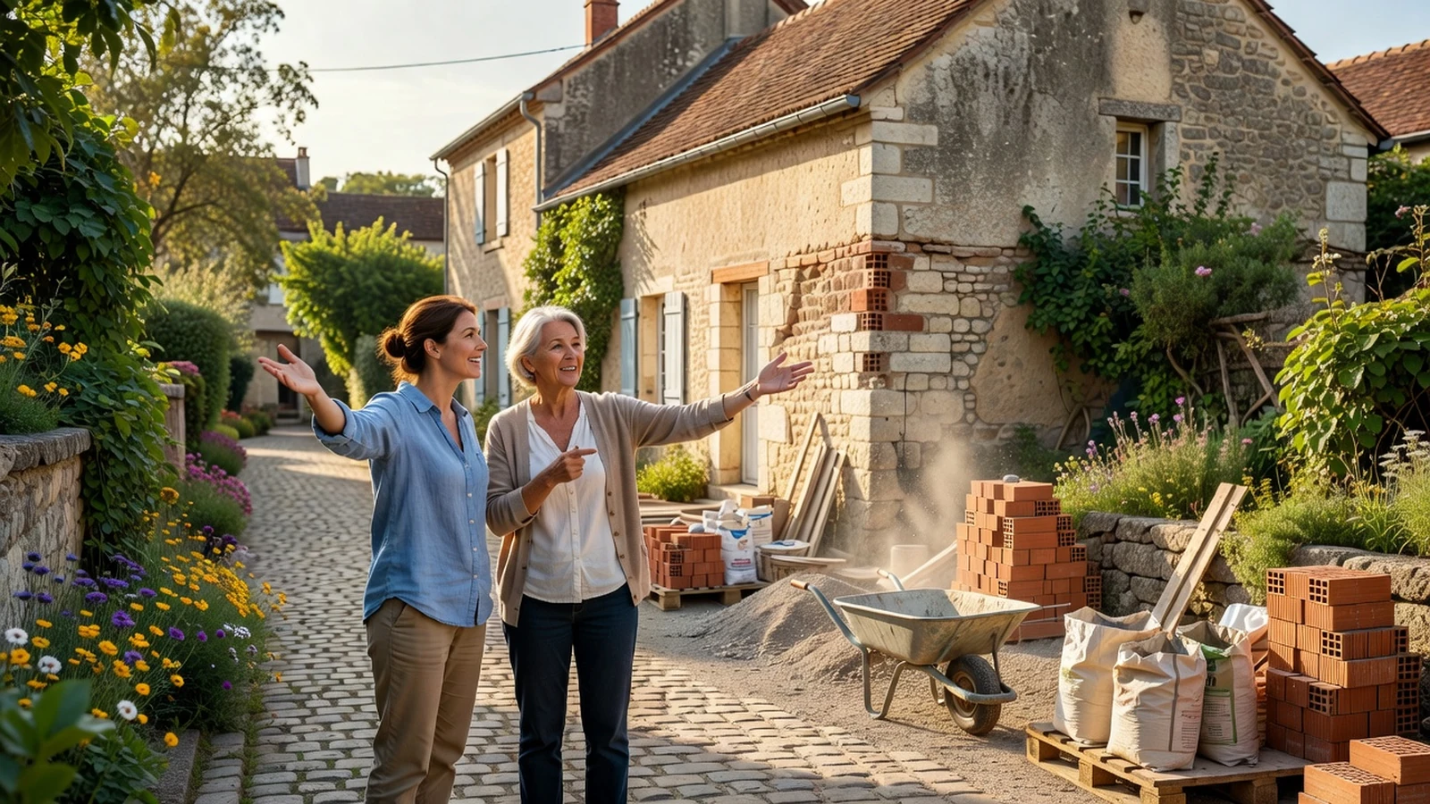 Une habitante échange avec son voisin sur des opportunités de chantiers locaux près des habitations.