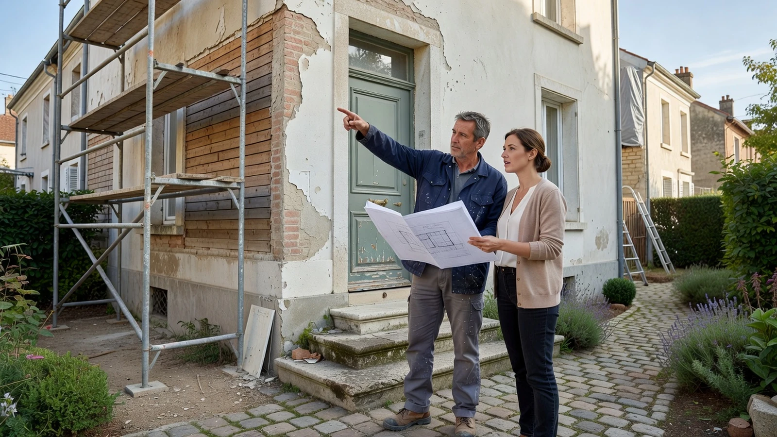 Un artisan présente les détails d'un chantier à une propriétaire devant sa maison en rénovation.