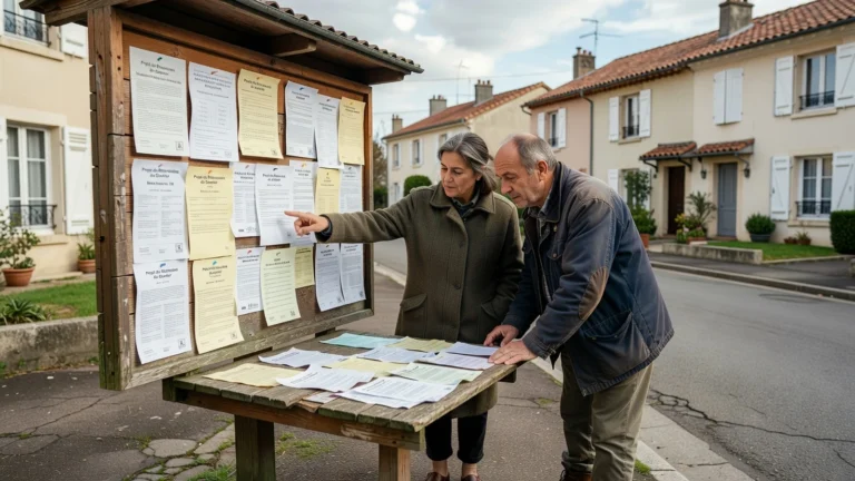 Un couple consulte les annonces de chantiers de rénovation affichées sur un panneau communal dans leur rue.