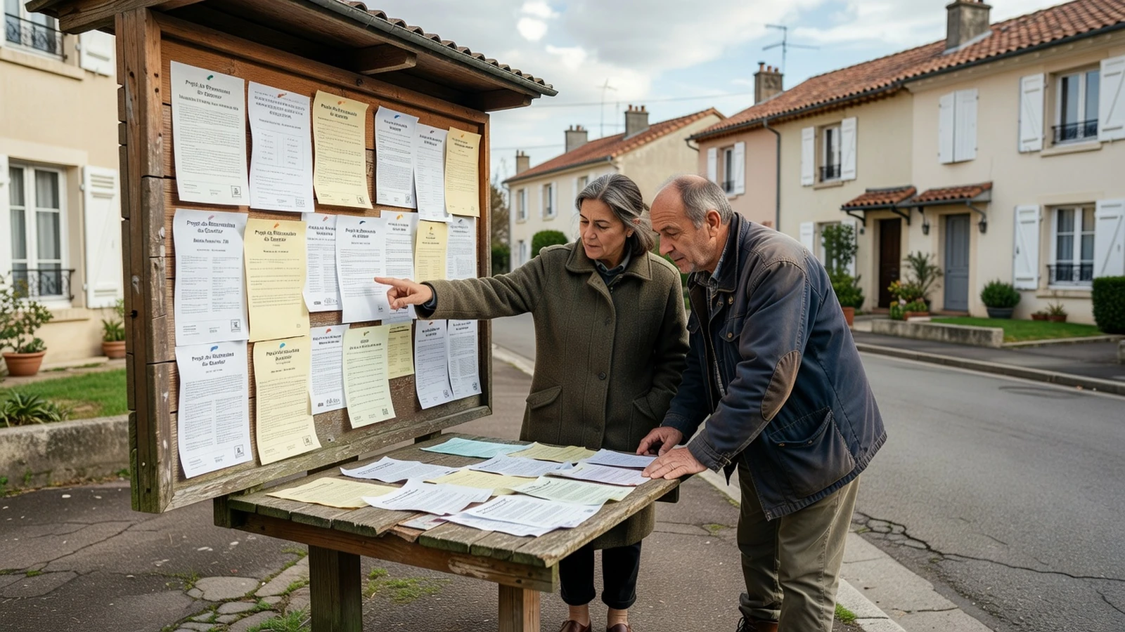 Un couple consulte les annonces de chantiers de rénovation affichées sur un panneau communal dans leur rue.