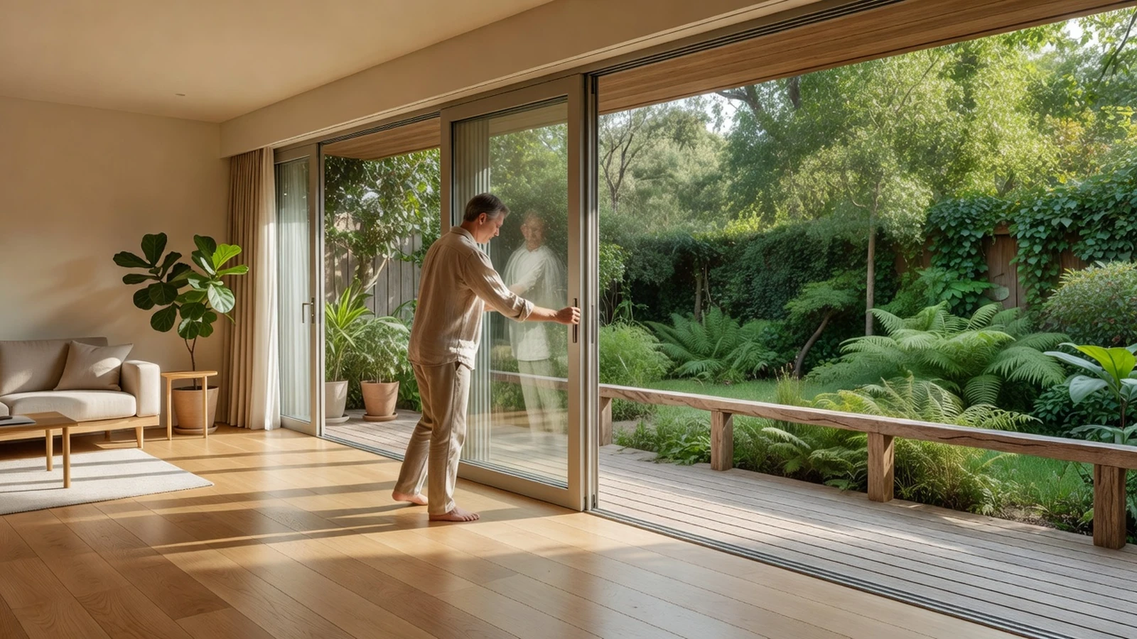 véranda : un adulte ouvre de grandes portes coulissantes vers le jardin