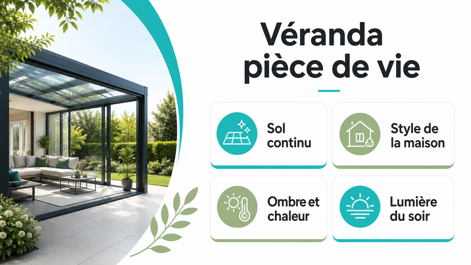infographie sur une véranda pièce de vie : sol continu, style de la maison, ombre et chaleur, lumière du soir