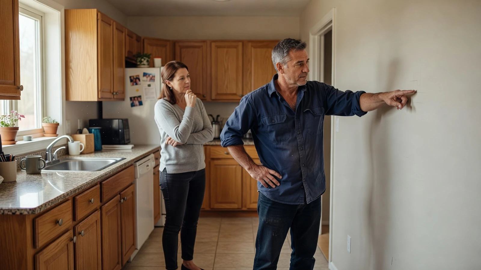 Une propriétaire et un artisan examinant les murs d’une cuisine à rénover avant le début du chantier.