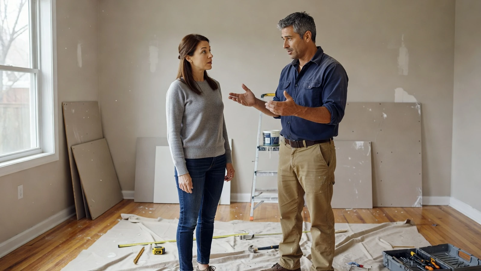 Un artisan expliquant les étapes des travaux à une cliente dans son salon en cours d’aménagement.
