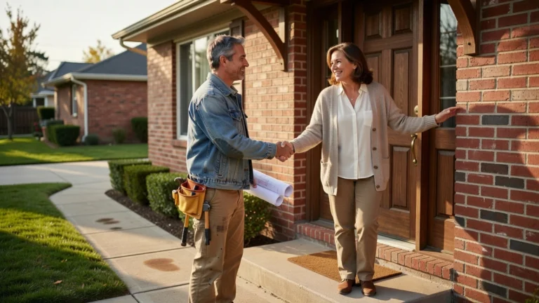 Une propriétaire accueillant un artisan qualifié à l’entrée de sa maison pour discuter de son projet de rénovation.